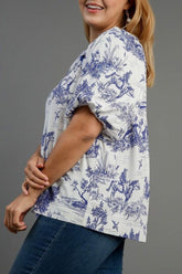 Umgee Full Size Two Tone Landscape Round Neck Print Top Plus Size OutfitFlow
